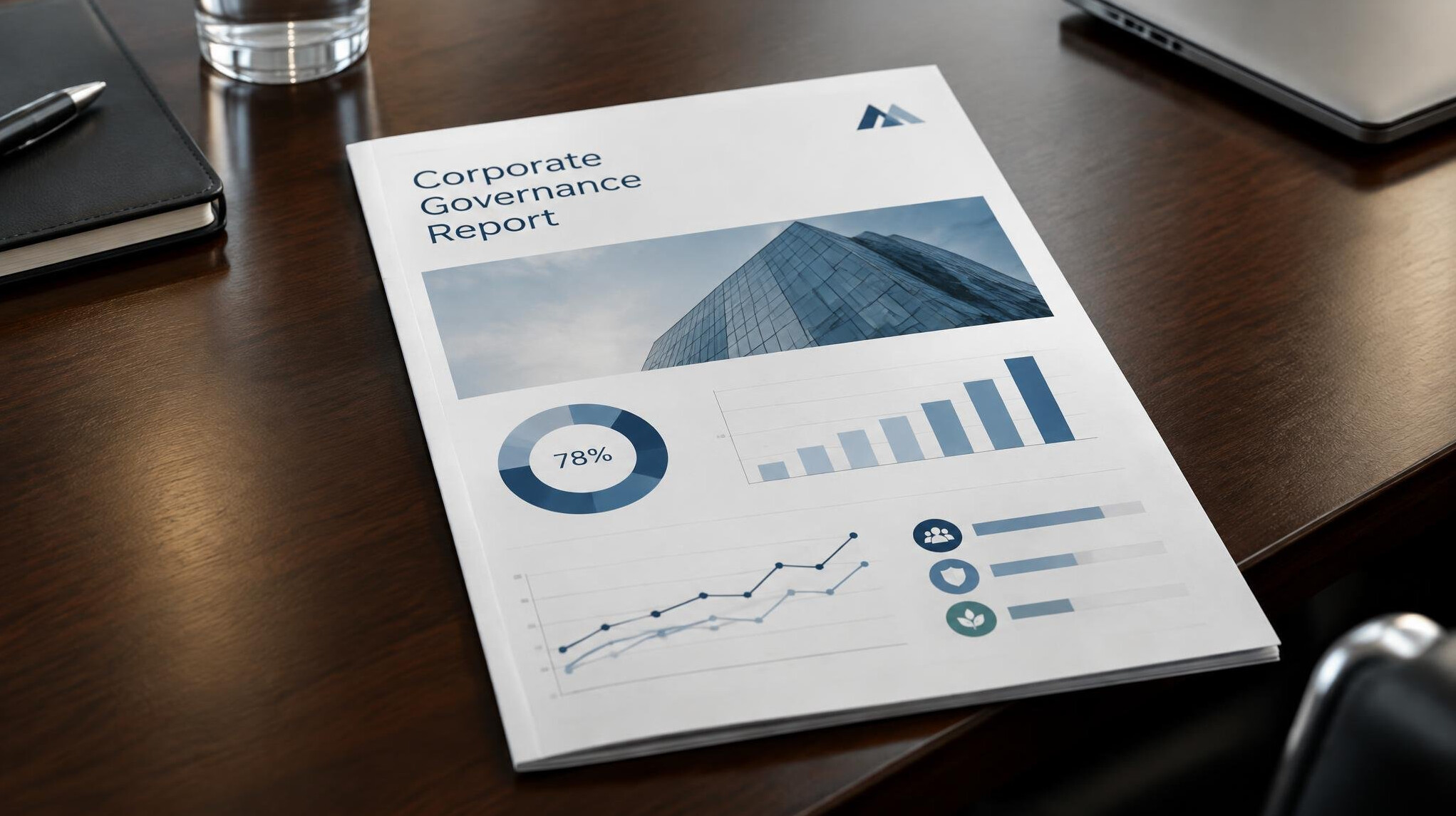 Business report with charts on a conference table